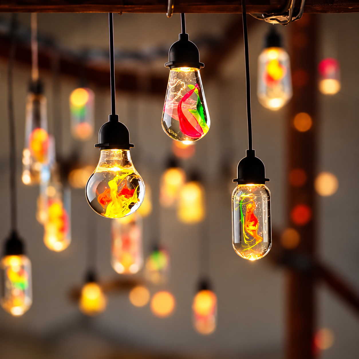 Warm glowing resin LED bulbs hanging from tree branches at night